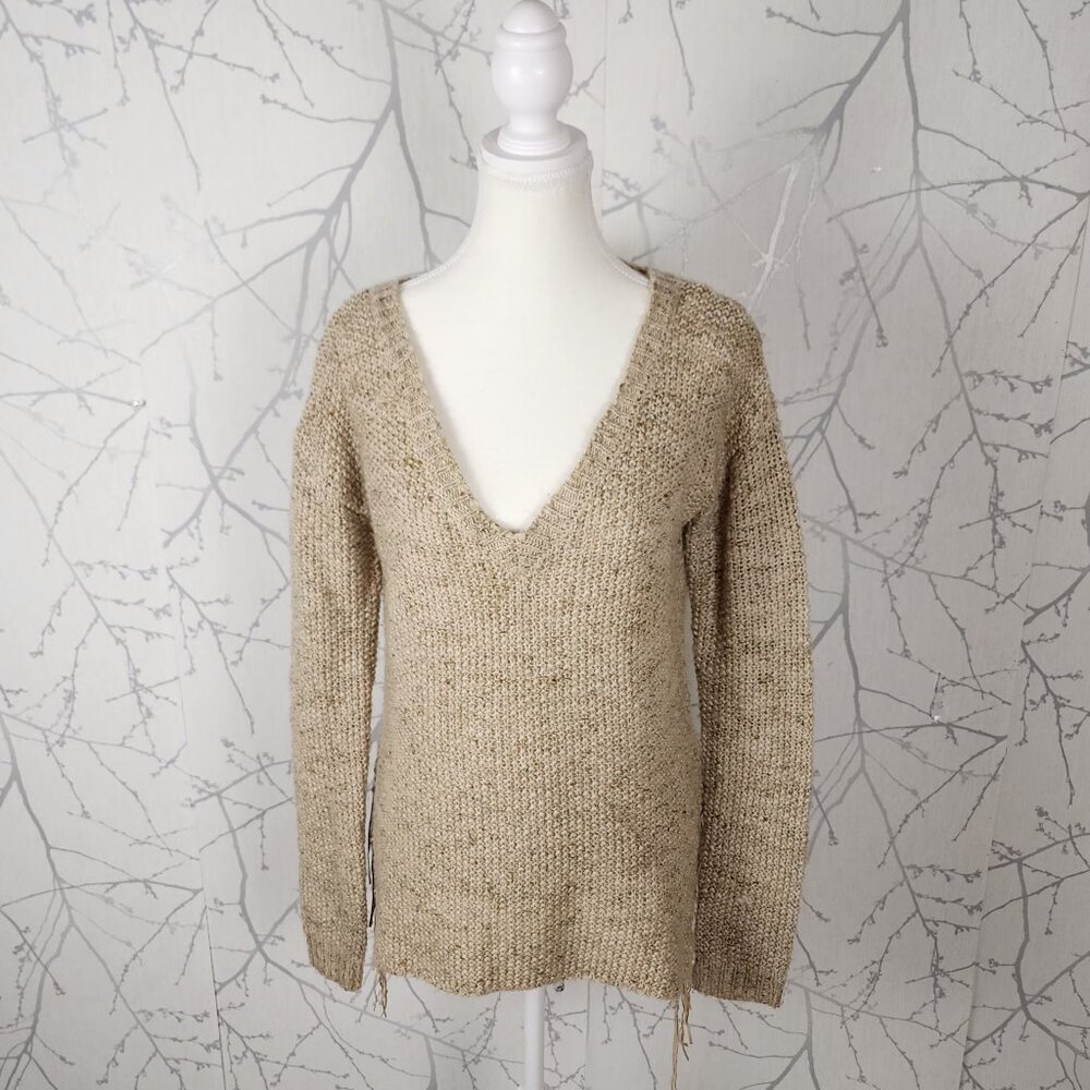 BKE Heathered Beige 25% Wool Deep V-Neck Fringe Sweater
